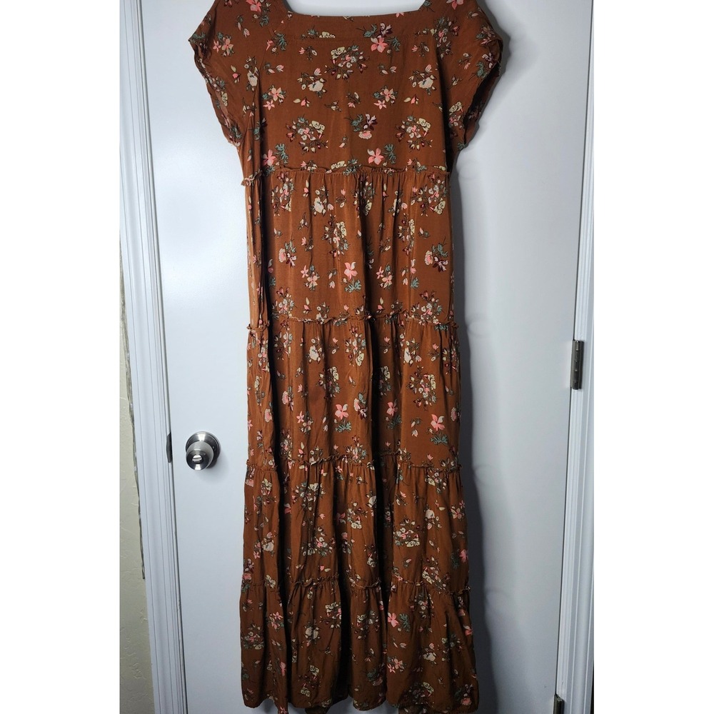 Natural Life Brown Floral Tiered Maxi Dress Medium Boho Cottagecore Western